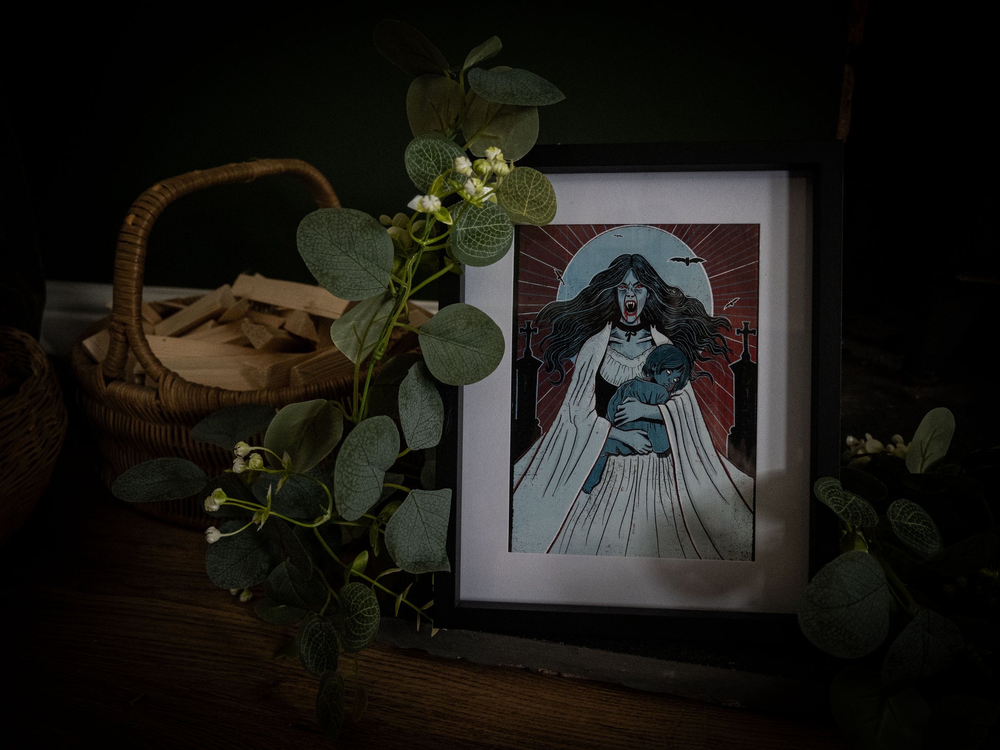 Lucy Westenra Bride of Darkness art print framed in black with eucalyptus foliage