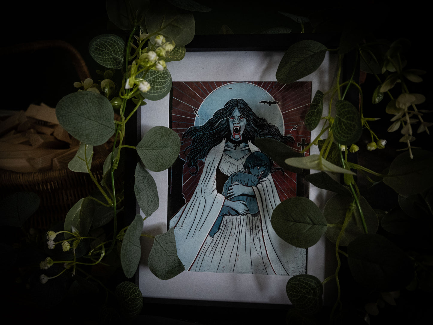 Lucy Westenra gothic horror print in black frame on dark background