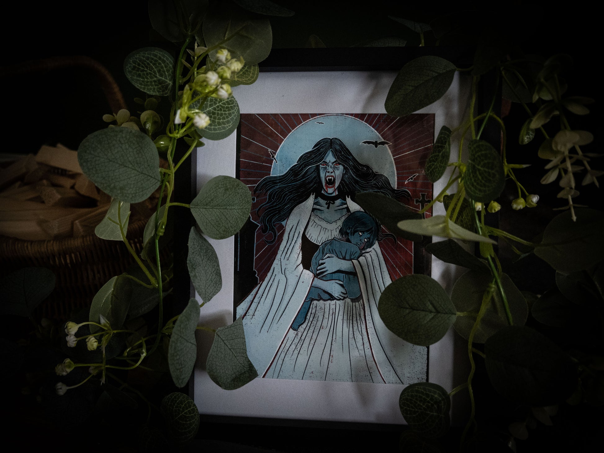 Lucy Westenra gothic horror print in black frame on dark background