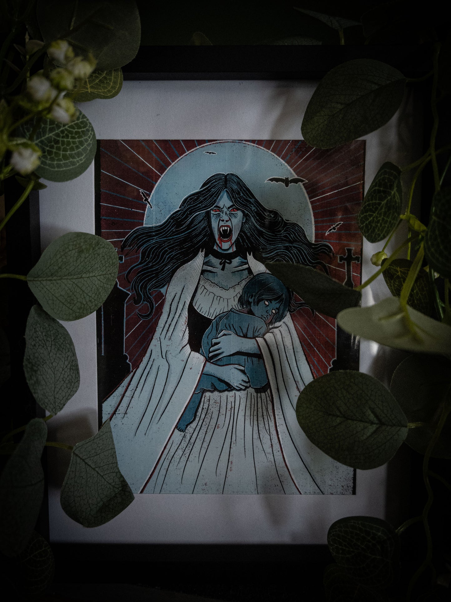 Lucy Westenra Bride of Darkness print styled with wicker basket and foliage