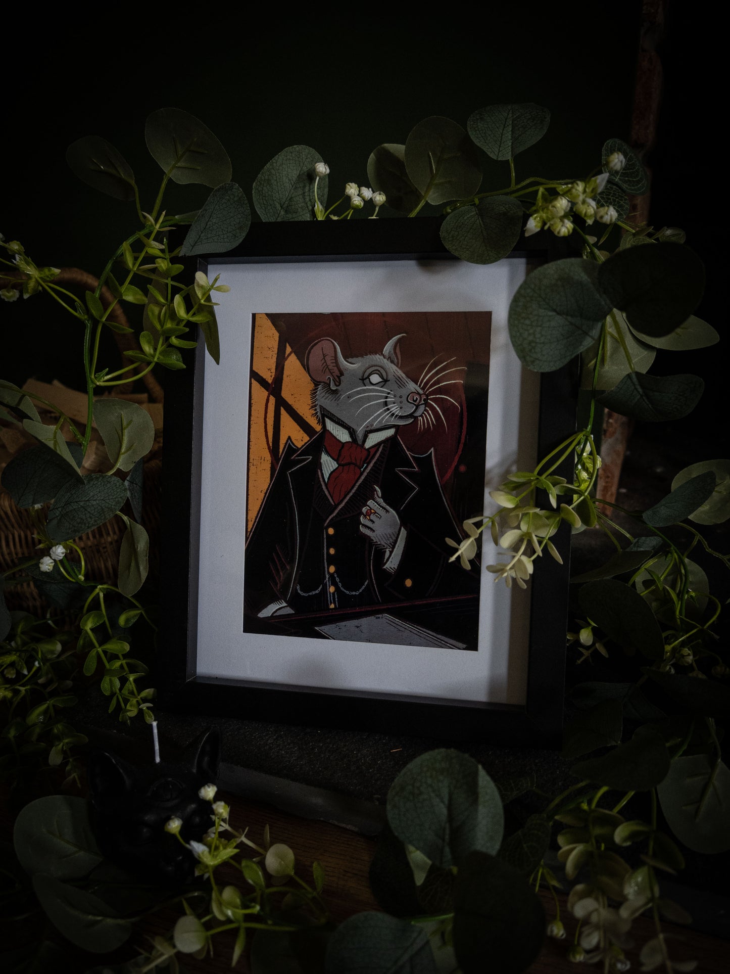 Framed gothic rat illustration print – Mr. Whiskers Esq. in Victorian dress, dark moody product photography