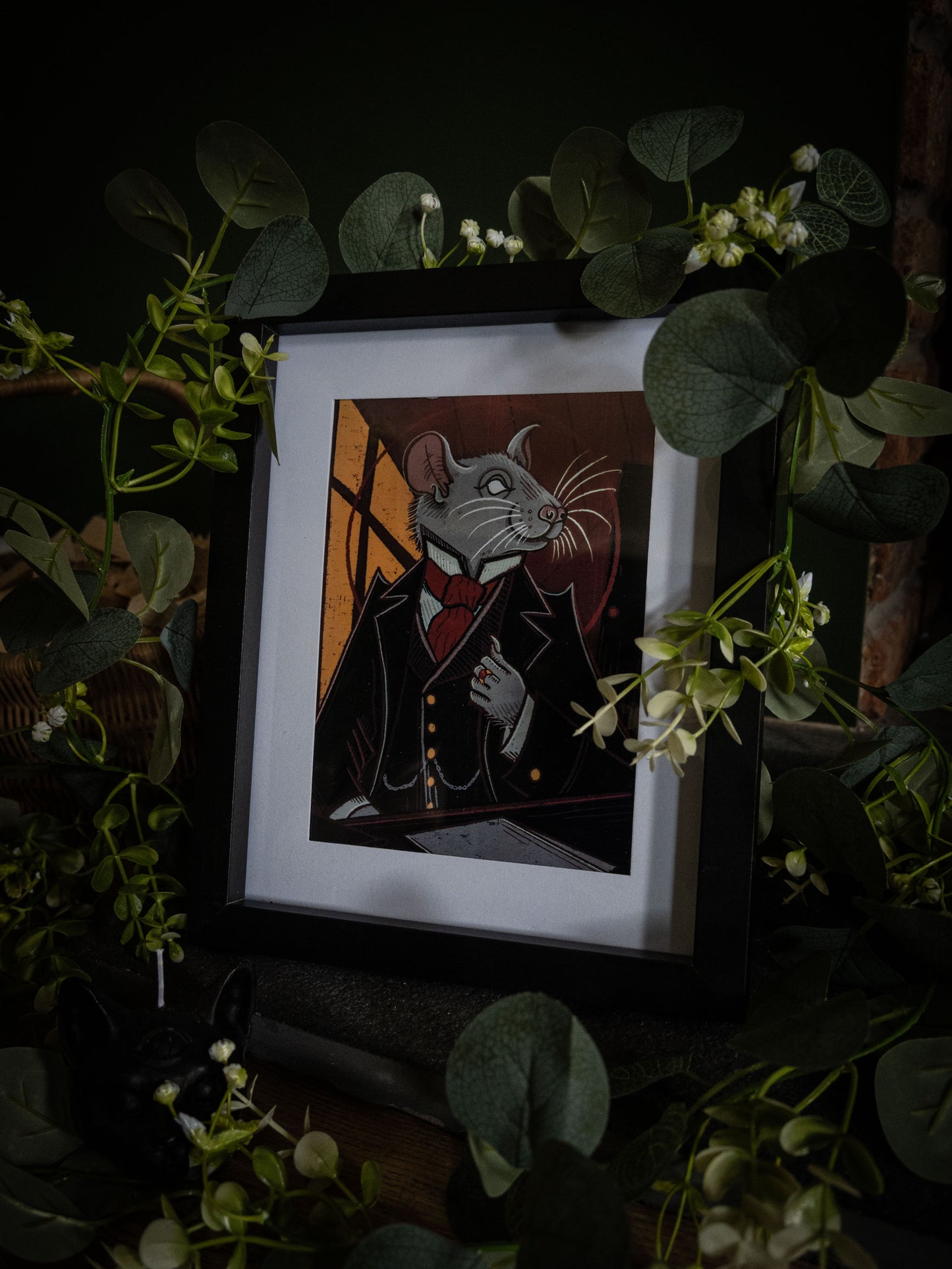 Mr. Whiskers Esq. fine art print – anthropomorphic Victorian rat portrait with amber and burgundy tones, styled flat lay