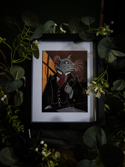 Sophie Atkinson Illustration – Mr. Whiskers Esq. gothic Victorian rat print in black frame with botanical dark styling