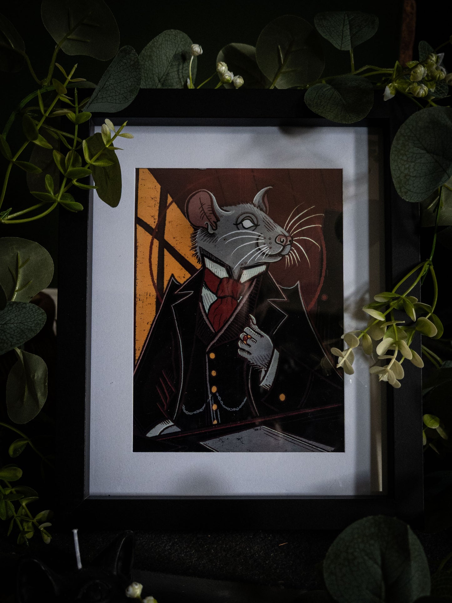 Close-up of Mr. Whiskers Esq. framed print – dapper rat in black frock coat and red cravat, gothic illustration by Sophie Atkinson