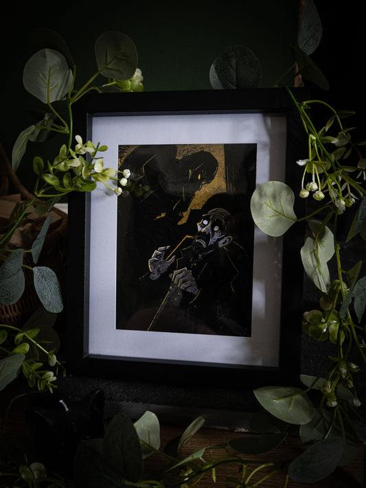 Framed gothic art print of De Lacey the blind man with a looming amber shadow behind him, from Sophie Atkinson's Frankenstein Illustrated series