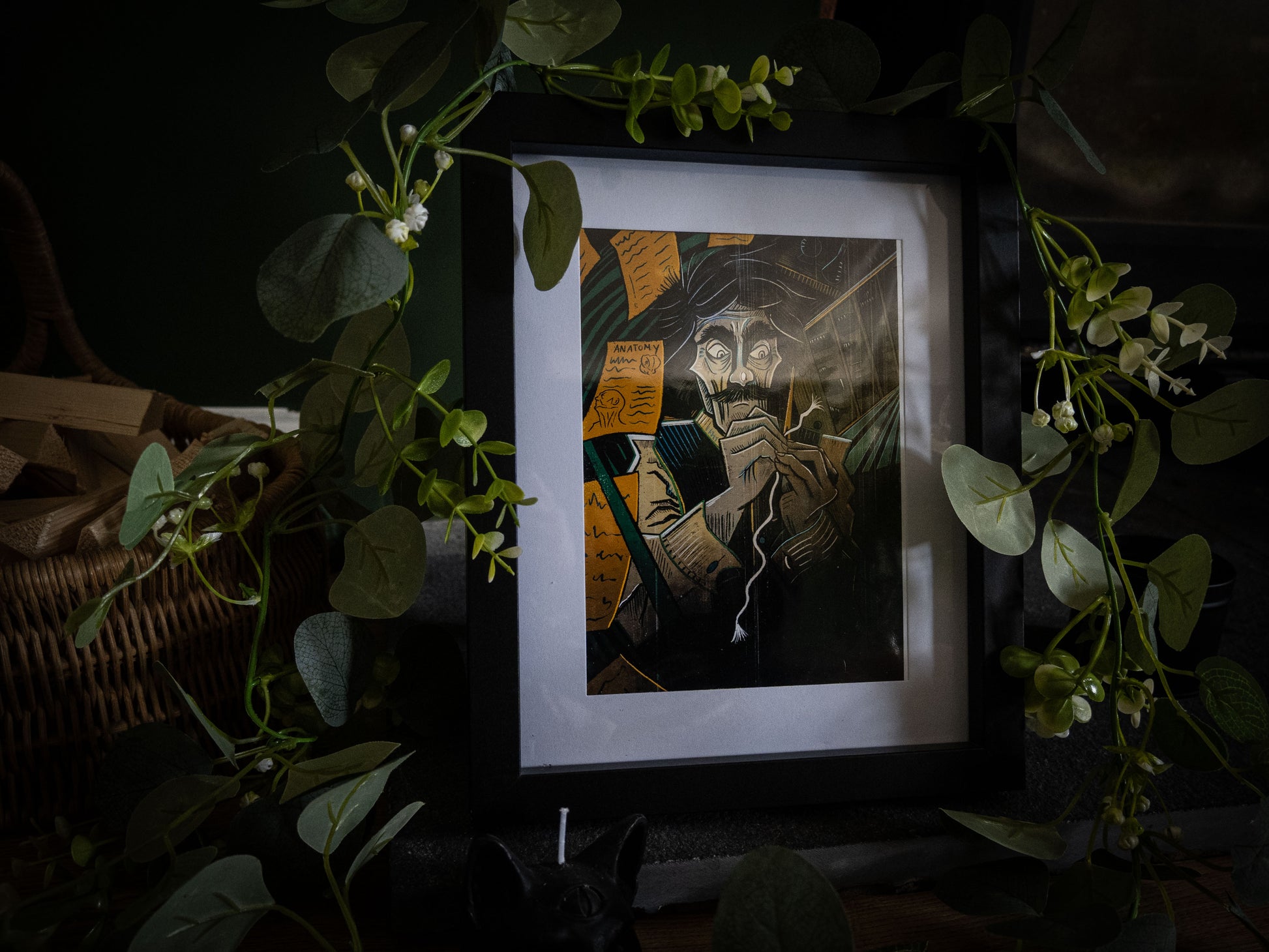Victor art print wide shot with wicker basket and foliage — Victor Frankenstein creating his monster by candlelight, colour illustration from Frankenstein Illustrated